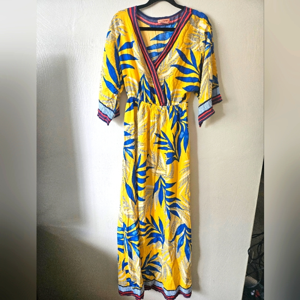Flying Tomato vibrant yellow blue fern maxi dress size small
